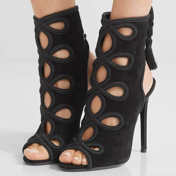 Prada Black Suede Cutout Tie-Back Ankle Peep Toe Stiletto Sandals - Picture 1 of 16